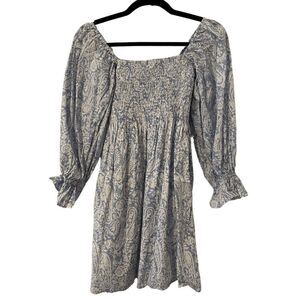 Kourt 3/4 Sleeves Pullover Smocked Paisley Mini Dress Womens Blue White Small
